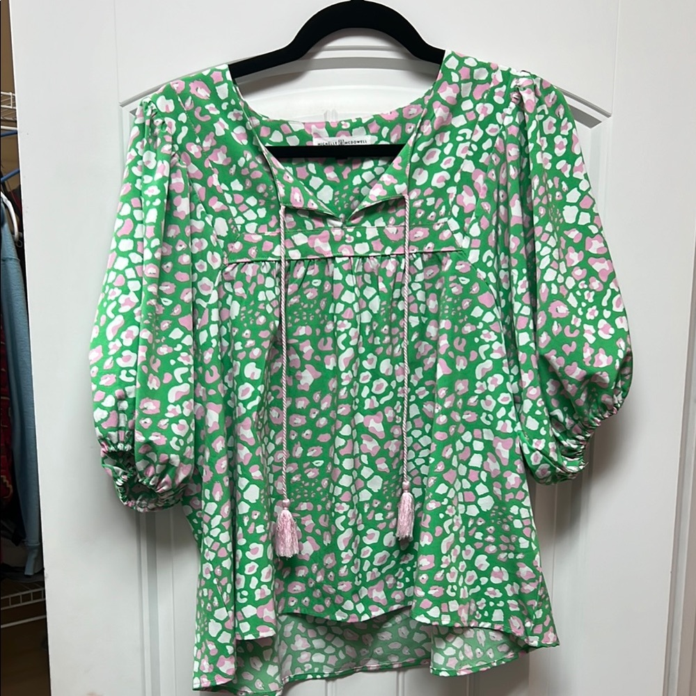 Green and White Puff Sleeve Blouse with Tie Front